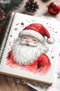 a drawing of santa claus on a notebook with christmas decorations around it and pine cones in the background