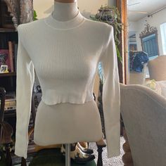 White Sweater With Crop Top And Open Back Size Medium. Never Worn. White Crew Neck Crop Top For Winter, Winter White Crew Neck Crop Top, White Stretch Crop Top For Fall, White Cropped Sweater For Layering, White Cropped Crop Top For Fall, Winter White Crop Top, Fitted Classic Sweater For Spring, White Winter Crop Top, Classic Fitted Sweater For Spring