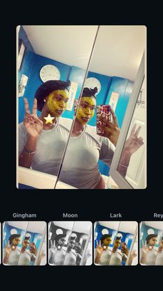 a person taking a selfie in front of a mirror with yellow face masks on