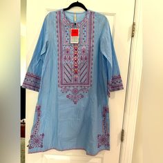 Shirt Only Ethnic Brand Brand New With Tag Medium Length Summer Shirt Color Is More Like In First Picture Casual Blue Kurta For Diwali, Blue Bohemian Kurta With Resham Embroidery, Bohemian Blue Kurta For Festive Occasions, Traditional Blue Top For Eid, Blue Tunic Kurta With Resham Embroidery, Blue Resham Embroidered Tunic Kurta, Blue Tunic Kurta For Festivals, Traditional Blue Kurta For Spring, Bohemian Blue Kurta With Printed Motifs