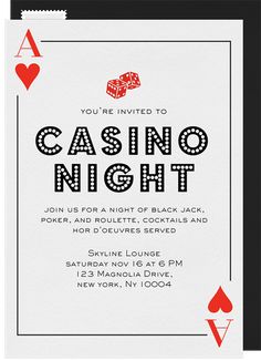 a casino night party with playing cards and dices on the front, in black and white