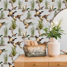 there is a wallpaper with birds flying in the air