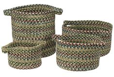 three round baskets with different patterns on them