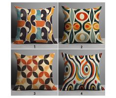 four pillows with different designs on them