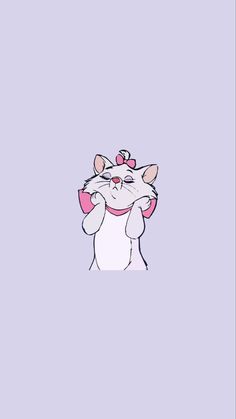 a white cat with a pink bow on its head is standing in front of a blue background