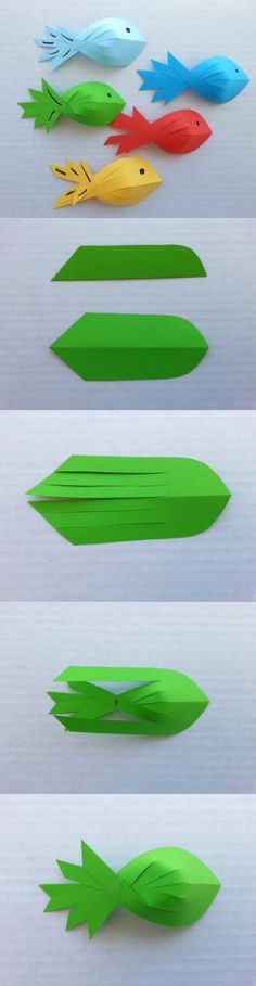 four different types of paper fish are shown in three different colors, one is green and the other is red