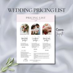 the wedding pricing list is displayed on a white background