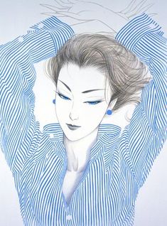 a drawing of a woman with her hair in the air, wearing a blue and white striped shirt