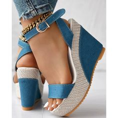 Ankle Strap Denim Platform Wedge Heel Shoes : Heel Height: Super High (8cm-up) With Platforms: Yes Platform Height: 0-3cm Sandal Type: Peep Toe Occasion: Casual Upper Material: PU Outsole Material: Rubber Back Counter Type: Ankle Strap Pattern Type: Solid Style: Street Style Heel Type: Wedges Lining Material: PU Closure Type: buckle strap Model Number: shoe0056 Item Type: sandals Fashion Element: Platform Department Name: ADULT Platform Wedge Heels, Shoes Heels Wedges, Wedge Heel Sandals, Platform Wedge Sandals, Platform Wedge, Peep Toe Heels, Sandal Fashion, Platform Wedges, Olivia Mark