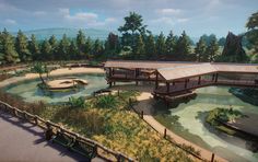 an artist's rendering of a park with a bridge and pavilion in the middle