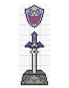 PDF Pattern to make a Legend of Zelda themed bookmark. Bookmark has the Master Sword and pedestal and Hylian Shield from Breath of the Wild. Digital Document includes floss chart with colour, symbol, number, and name as well as full colour pattern, colour and symbol pattern, and symbol only pattern. Pattern is 27 stitches wide by 78 stitches high. Twilight Princess Pixel Art, Legend Of Zelda Pixel Art Grid, Zelda Bookmark, Pixel Art Bookmark, Legend Of Zelda Pixel Art, Legend Of Zelda Cross Stitch, Zelda Cross Stitch Pattern, Link Pixel Art, Zelda Pixel Art