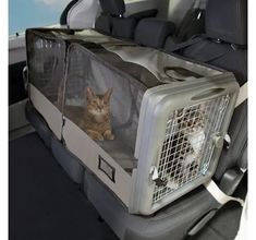 a cat sitting in the back seat of a car with its cage on it's side