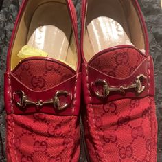 Gucci Red Loafers In Great Condition Size 8. Come With Dust Bag And Box. Luxury Red Loafers For Business, Luxury Red Formal Loafers, Red Luxury Loafers With Round Toe, Luxury Red Loafers With Round Toe, Designer Red Loafers With Round Toe, Red Loafers, Shoes Gucci, Gucci Shoes, Flat Shoes Women