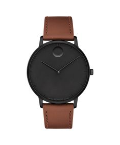 Movado Face, 41Mm Black Ion-Plated Stainless Steel Case With A Black Dial On A Cognac Leather Strap. | Movado | Face 41mm Watch With Cognac Strap And Black Dial Masculine Brown Leather Watch, Modern Brown Analog Watch, Modern Brown Leather Watch, Modern Brown Analog Display Watch, Brown Leather Watch With Metal Dial, Masculine Brown Leather Strap Watch, Modern Black Matte Finish Watches, Black Matte Finish Watch With Round Dial, Masculine Black Quartz Watch