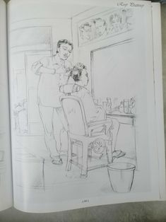 an open book with a drawing of two people sitting at a table and one person standing in the kitchen