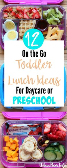 lunch boxes filled with food and the words 12 on the go todder lunch ideas for daycare or pre - school