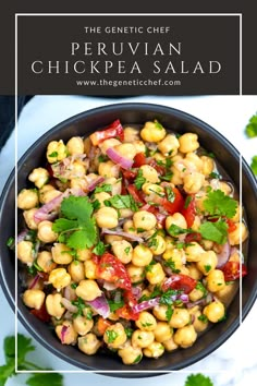 a bowl filled with chickpea salad and garnished with cilantro