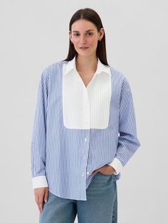 Poplin Pintuck Big Shirt Spring Tops With Striped Fold Down Collar, Spring Business Casual Tops With Striped Collar, Spring Business Casual Top With Striped Collar, Workwear Shirt With Striped Collar And Shirttail Hem, Work Shirt With Striped Collar And Shirttail Hem, Spring Long Sleeve Shirt With Striped Collar, Spring Top With Striped Spread Collar, Spring Business Casual Shirt With Striped Collar, Fall Daywear Shirt With Striped Collar