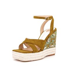 Shop Women's Green Suede Open Toe Rhinestone Wedge Heel Ankle Strap Sandals color Green for Anniversary, Going out, Hanging out, Honeymoon, Music Festival with worldwide Free shipping & Free return. Spring Wedge Sandals With Rhinestones And Round Toe, Open Toe Wedge Sandals With Rhinestones For Spring, Embellished Round Toe Wedge Sandals For Summer, Summer High Heel Wedge Sandals With Rhinestones, Spring Open Toe Wedge Sandals With Rhinestones, Embellished Wedge Sandals For Summer, Summer Embellished Wedge Sandals With Round Toe, Summer Vacation Wedge Sandals With Rhinestones, Summer Beach Wedge Sandals With Rhinestones