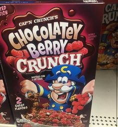 chocolate berry crunch cereal is on display in a store