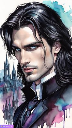 a painting of a man with long hair and blue eyes in front of a castle