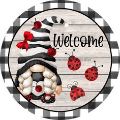 Gnome Sign, Lady Bug Sign, Welcome Sign, DECOE-4046-DH, 18 Wood Round Ladybug Gnome, Wreath Center, Ladybug Wreath, Wreath Maker, Spring Summer Decor, Wreath Supplies, Metal Wreath, Welcome Wreath, Wood Background