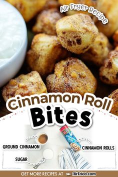 cinnamon roll bites on a plate with dipping sauce