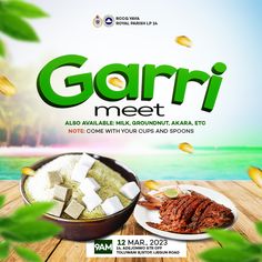 the poster for garri meet is displayed on a wooden table with leaves around it