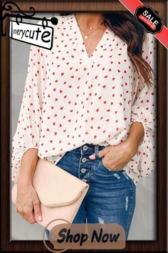 White Love You Boo Balloon Sleeve Blouse White Casual Blouse With Heart Print, White Heart Print Blouse For Summer, Summer White Blouse With Heart Print, Cute V-neck Top With Heart Print, White Love, Balloon Sleeve Blouse, Women Tops, Sleeve Blouse, Balloons