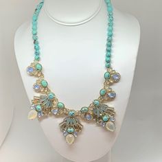 New! Even More Beautiful In Person! Necklace Is Aprox 20 Inches Around. Turquoise Gemstone Party Jewelry, Turquoise Jeweled Necklace For Party, Bejeweled Necklace, Turquoise Beads, Blue Gold, Green And Gold, Womens Jewelry Necklace, Color Blue, Jewelry Necklaces