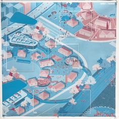 a blue and pink poster with an aerial view of a city in the background, surrounded by smaller buildings