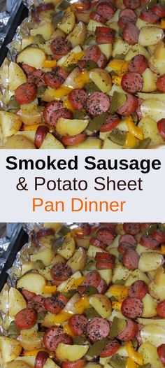 smoked sausage and potato bake with text overlay