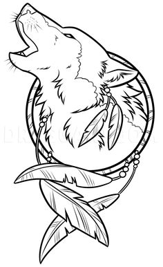 a drawing of a wolf in a circle with an arrow on it's tail