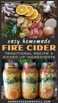 homemade fire cider recipe with oranges, lemons and herbs in mason jars