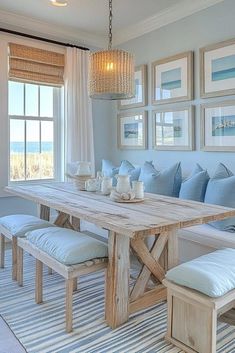 Sunroom With Dining Table And Sitting Area, Dining Room With Table Against Wall, Beach House Decor Dining Room, Beach Theme Dining Room Table, Beach Home Dining Room, Beach House Interior Dining Room, Lake Dining Room, Coastal Dining Nook, Coastal Dining Table And Chairs