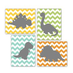 four dinosaur wall art prints in different colors