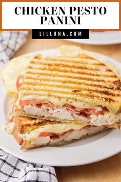 grilled chicken pesto panini on a white plate with potato chips in the background