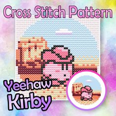 the cross stitch pattern for yeehow kibby is shown in front of a colorful background