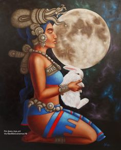 a painting of a woman holding a goat in front of a full moon and clouds