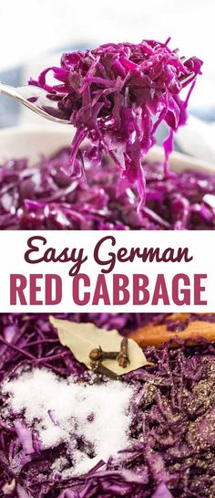 red cabbage in a white bowl with a spoon full of it and text overlay that reads easy german red cabbage