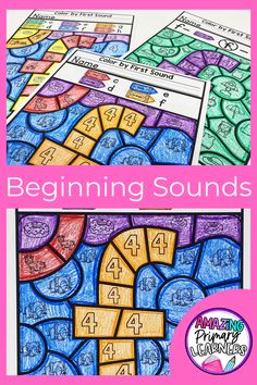 two pictures with the words beginning sounds and an image of numbers on them in different colors