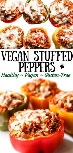 an image of stuffed peppers on a plate with the title text vegan stuffed peppers healthy, vegan - gluten - free