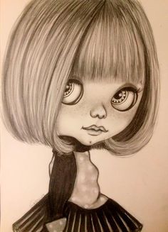 a drawing of a girl with big eyes and a short bobble haircut, wearing a black dress