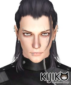 an animated image of a man with black hair and piercings on his ears, wearing a leather outfit