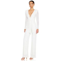 Luxurious Plunging Jumpsuit Made From Our Shimmering Stretch Sequin. Features A Strong Shoulder, Wide Leg Fit & Stunning Waist Tie. Invisible Zip Closure At The Centre Back. Glamorous White Long Sleeve Jumpsuits And Rompers, White V-neck Pantsuit For Party, Glamorous Fitted White Jumpsuit, Glamorous White Fitted Jumpsuit, White Fitted V-neck Pantsuit, Diamond Jumpsuit, Black Strapless Jumpsuit, Off Shoulder Jumpsuit, Velvet Jumpsuit