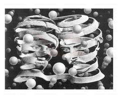 a black and white drawing of two faces surrounded by balls with ribbons in the air