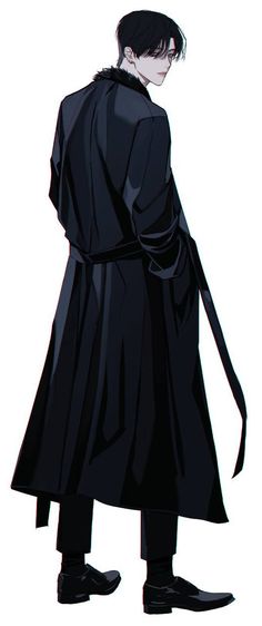 an anime character with black hair wearing a long coat and standing in front of a white background