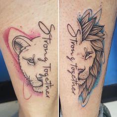 two tattoos on the legs of people who are both showing their faces and one has an animal's head