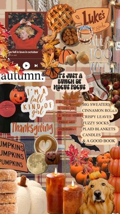 a collage with pumpkins, candles and pictures