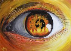 an eye with yellow and orange paint on it's iris, showing the word love